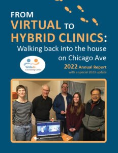 Five people stand and smile behind a table with an open laptop displaying a video call. Text discusses a transition from virtual to hybrid clinics and mentions a 2022 annual report update.
