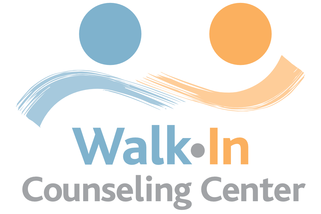 Logo for Walk-In Counseling Center featuring two abstract, curved figures in blue and orange above the text "Walk-In Counseling Center" in blue and gray.