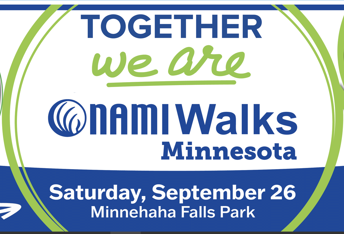 Event sign reads: “Together we are NAMIWalks Minnesota. Saturday, September 26. Minnehaha Falls Park.” Blue and green text with organization logo.