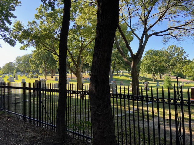 Cemetery with rows of gravestones and tall trees, seen through a black metal fence on a sunny day.