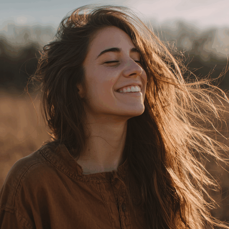 A woman with long brown hair smiles with her eyes closed while standing in a sunlit field, wearing a brown shirt. Trees are visible in the blurred background.